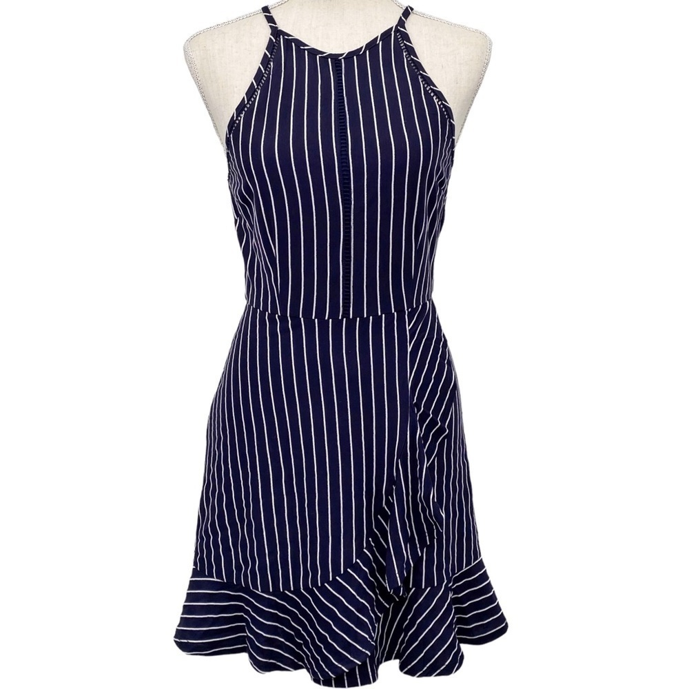Xtraordinary Mini Dress Halter Neck w Faux Wrap Ruffle Skirt Striped Sz XS